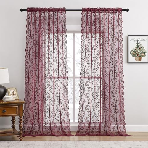 Burgundy Lace Curtains 96 Inches Long 2 Panels Modern Romantic Wine Lace Curtains for Bedroom Living Room Rod Pocket Light Filtering French Drapes for Dining Room Maroon Floral Rose Decor, 52x96