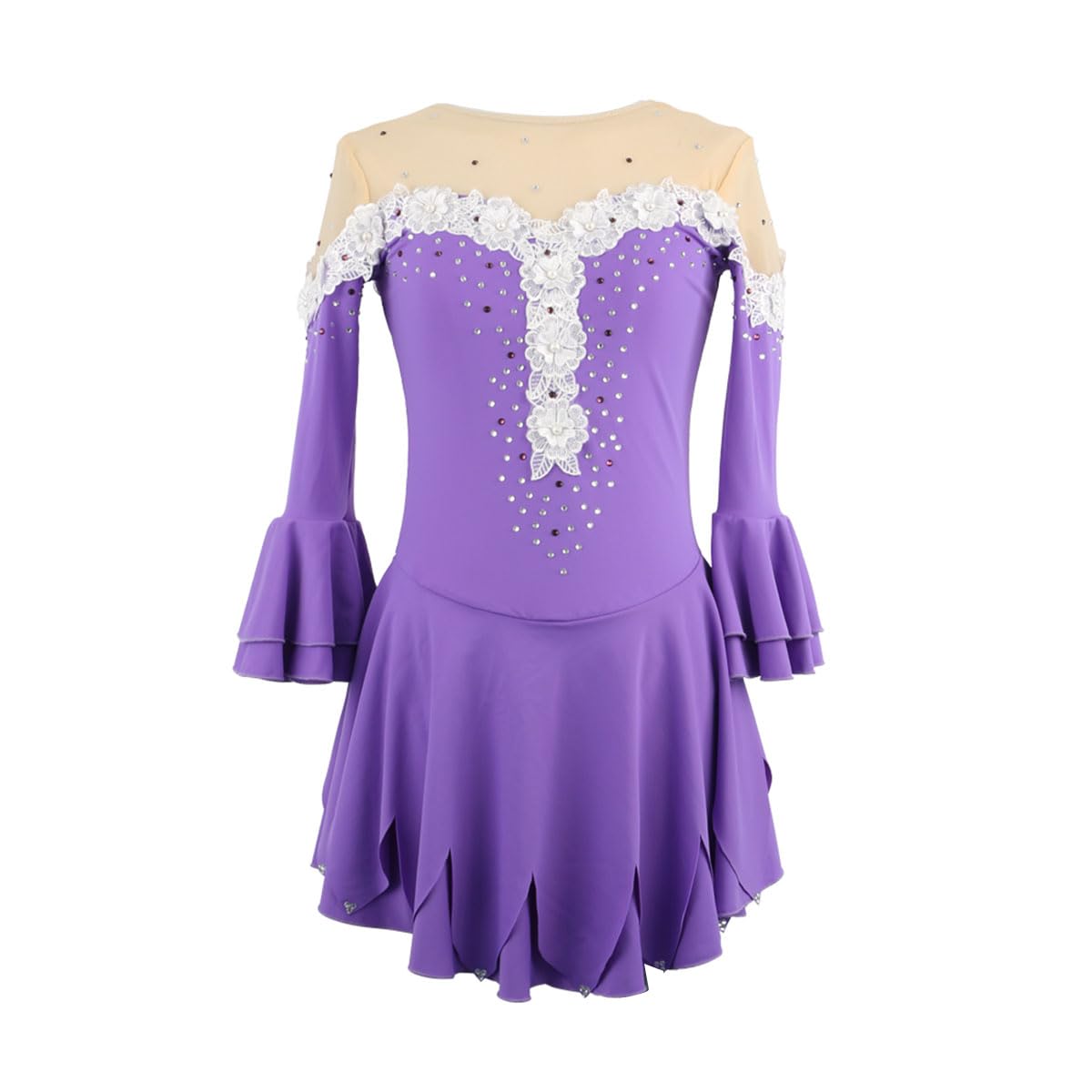 Sukienka łyżwiarska dla kobiet, dziewcząt, strój do tańca baletowego, strój stras, długie rękawy, trykot gimnastyczny, FIOLETOWY, M