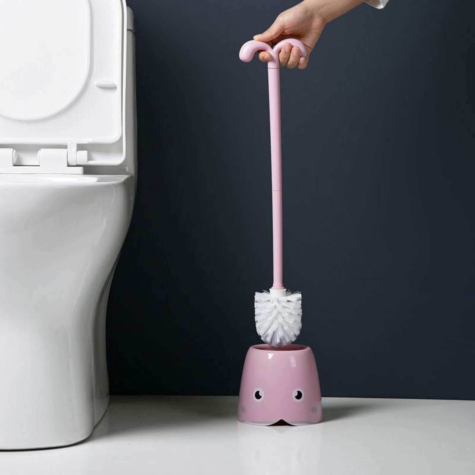 Brosse de toilette Brosse de toilette, Ensemble de brosse de toilette mignon Brosse de nettoyage Nettoyage en profondeur avec support antidérapant à long manche au sol Brosse de nettoyage de toilette