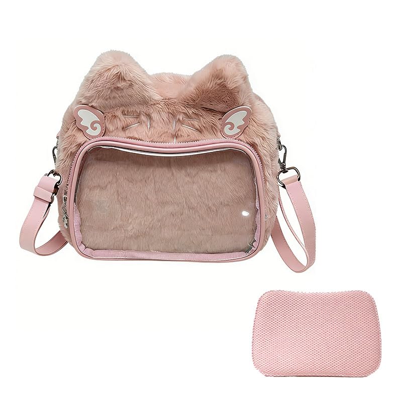 mochila feminina,Ita Bag Gatinho de Pelúcia, Bolsa Transparente com Painel Perfurado, Alça Ajustável Ombro/Costas para Fãs de Anime K-pop Colecionadores