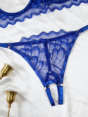 Image of Lilosy Sexy Underwire Floral Lace Sheer Lingerie Set for Women See Through Bra and Panty 2 Piece