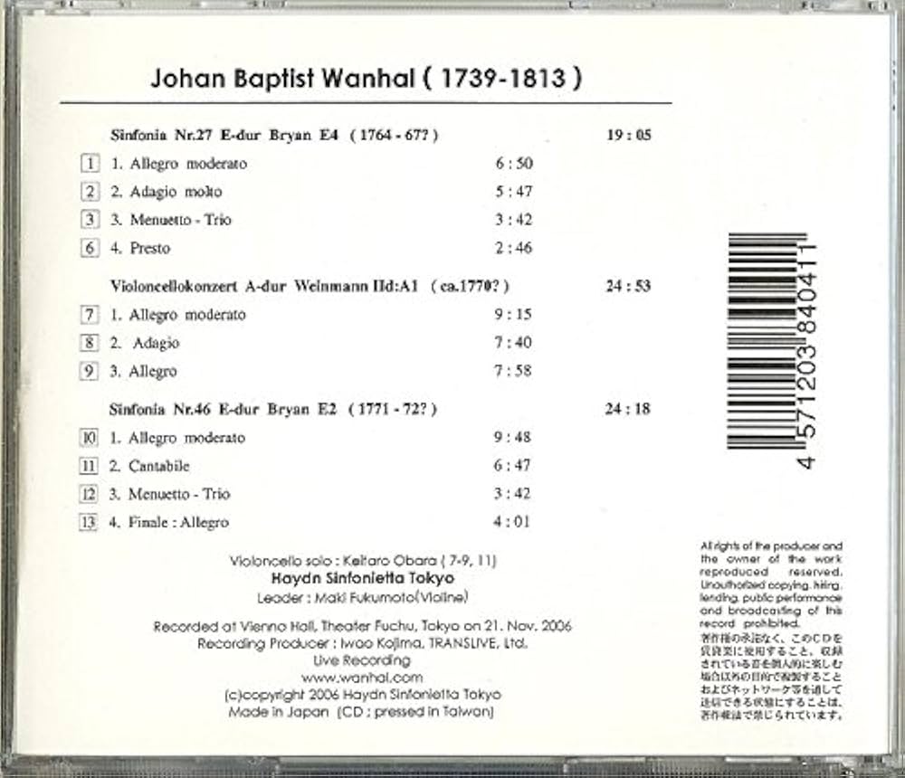 Amazon.com: ヴァンハル:疾風怒濤交響曲集第三巻HST041 Wanhal