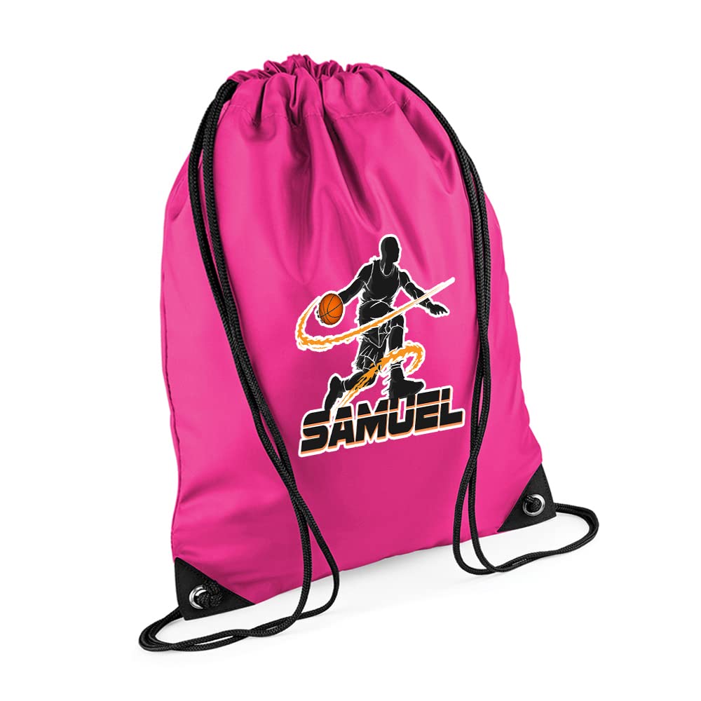 Personalised Basketball Player ANY NAME Sports Lover Gift for Men, Boy, Friend, Birthday present Drawstring Bag, PE Gym Kit Swimming, Sport Rucksack. (Fuchsia)
