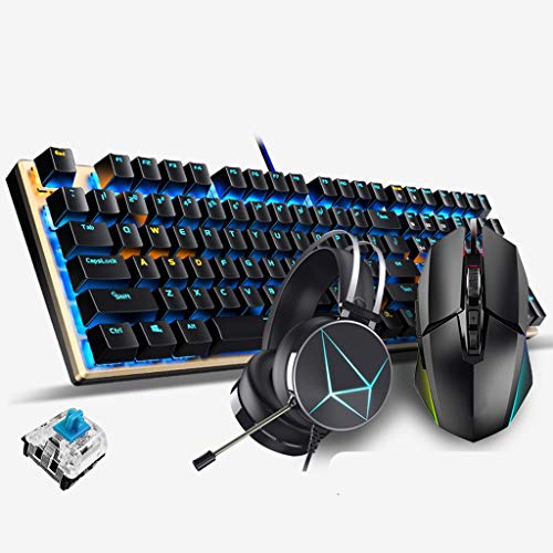 ARCH Gaming Keyboard Mouse Headset Three-Piece,Mechanical Keyboard and Mouse Combo Blue Light Wired USB Keyboards for PC Gamer Computer Desktop (Color : Black B-Green Shaft)