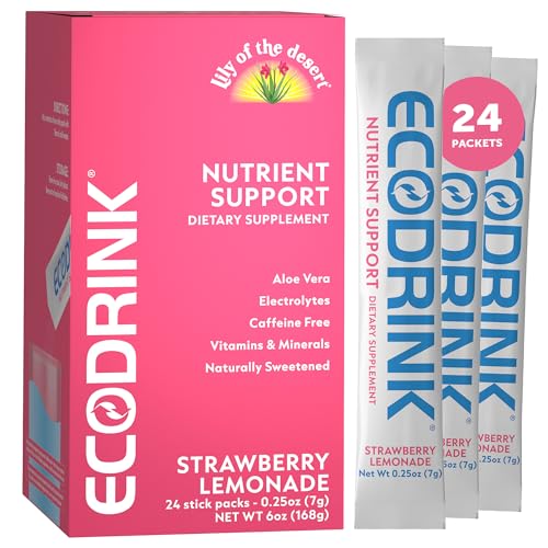 Lily of the Desert EcoDrink Nutrient Support Hydration Packets Strawberry Lemonade Naturally Sweetened Multivitamin Electrolyte Mix with Aloe 24 Stick Packs/Box 0.25 Oz Ea