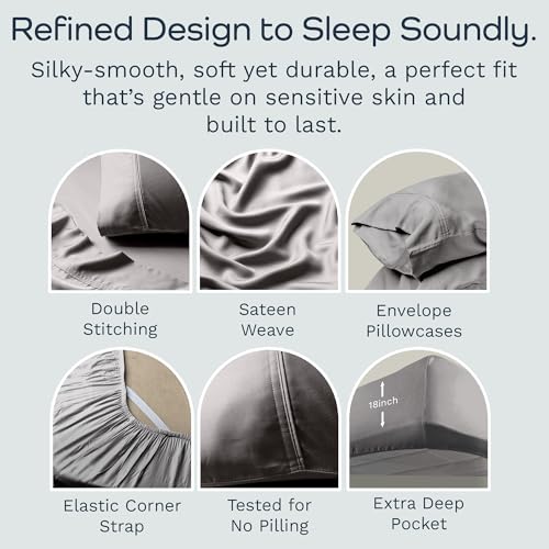 Image of Olive + Crate Tencel Lyocell Eucalyptus Queen Size Sheet Set - Cooling Tencel Sheets for Hot Sleepers with 18 Inch Deep Pocket Fit - Stone Gray 4-Piece Set