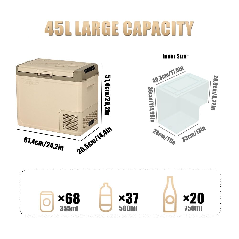 Alpicool GE50 45L Kompressor Auto Kühlbox Tragbar für Auto, LKW, Kompakter Camping Kühlschrank 12/24V DC Kühlbox für Reisen, Lebensmittel & Getränke,-20℃ bis 20℃