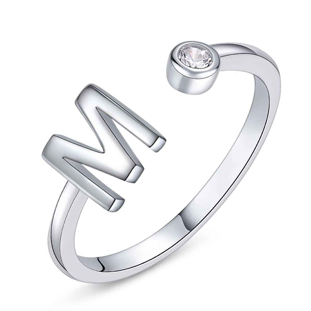 PEARLOVE Anillo de letra para mujer y niña, plata de ley 925, ajustable con iniciales abiertas para mujeres, anillos apilables del alfabeto de la A a la Z