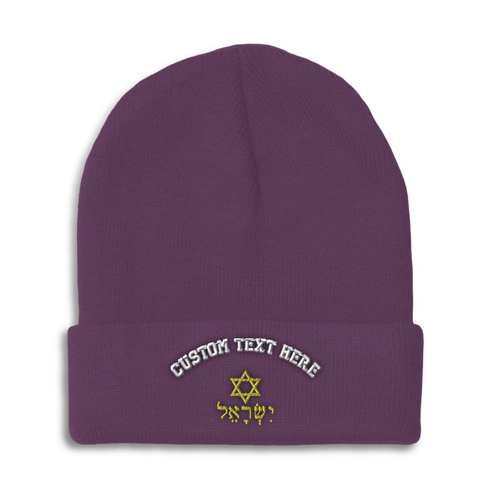 Custom Beanies for Men Hebrew Israel Star of David B Embroidery Symbols Star of David Winter Hats for Women Acrylic Skull Cap 1 Size Purple Personalized Text Here