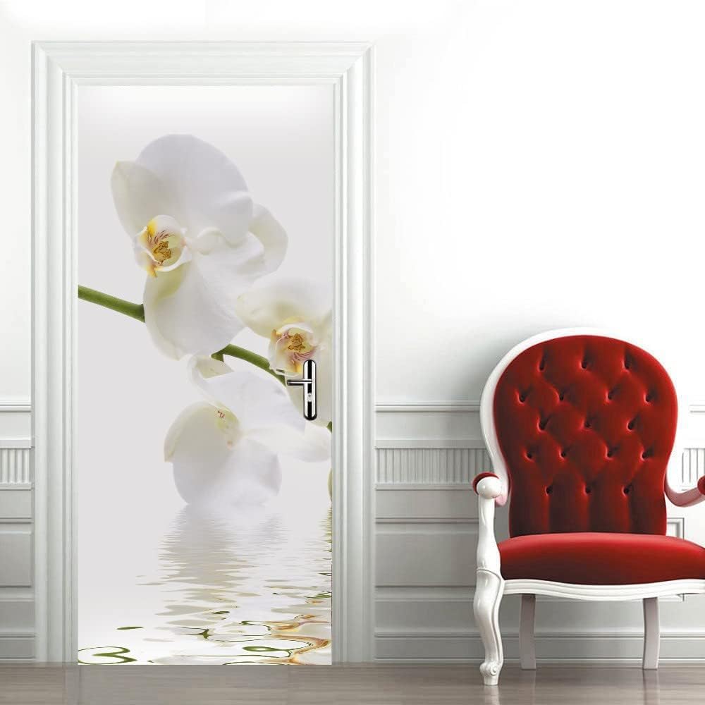 Modern Orchid Door Stickers for Interior Doors Flowers 3D Door Decals Art Sticker Self Adhesive Door Murals for Bedrooms Living Room Bathroom Home Decor G486?95x215 cm?