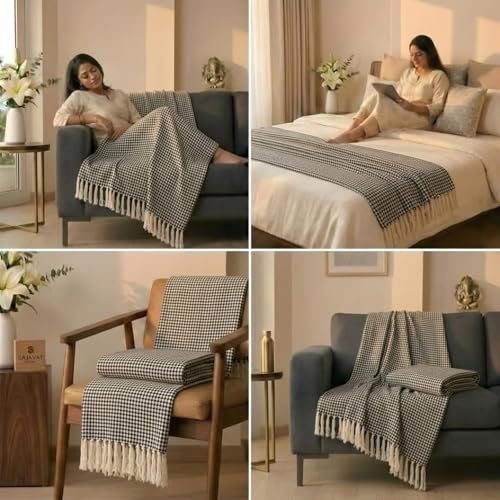 Image of SAJAVAT HOME Hand-Knitted Cotton Sofa Throw | All-Season Throw Blanket for Sofa, Bed, Couch, Chair & Travel | 68x50 Inches (177x127cm) | Black with Tassels | Pack of 1