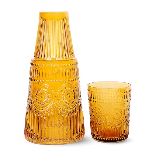elle decor Nachttisch-Wasserkaraffe mit Becher-Set, Vintage-Design, Krug und passendes Trinkglas, dient auch als Deckel, 935 ml Krug für Gästezimmer, Büro oder Geschenk, 10,2 x 21,6 cm (Bernstein)