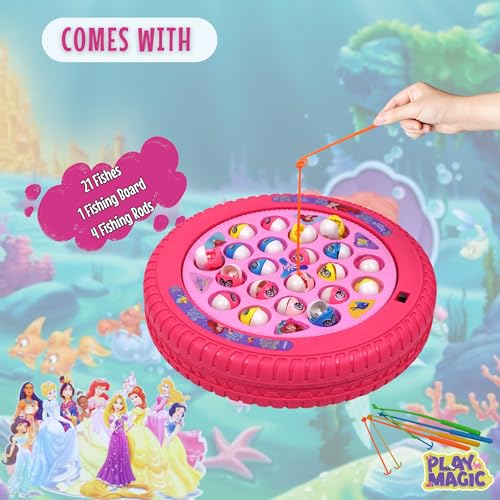 Image of PlayMagic Fishing Game Princess Play Set|Magnetic Fishing Game Toys|Rotating Board Game with Music|Includes 21 Fish and 4 Fishing Poles|Party Game Toys for Kids Age 3 4 5 6 7 and Up|Made in India