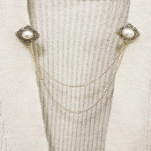 Image of uxcell 2pcs Sweater Clips Vintage Cardigan Collar Clips with Chain Shirt Clips Shawl Clips Clothes Clip for Women(Gold)