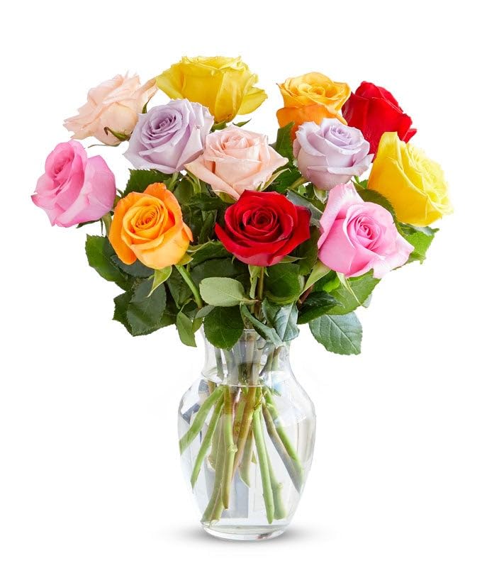 From You Flowers - One Dozen Rainbow Roses with Glass Vase | Fresh Flower Bouquets for Birthday, Anniversary, Get Well or Celebration
