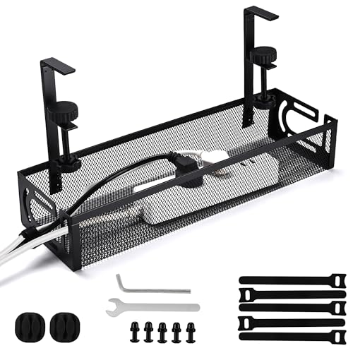 Under Desk Cable Management Tray Small – Clamp-Mounted Wire Organizer & Cord Management Under Desk Rack, No-Drill Metal Cable Organizer for Home Office (Black)