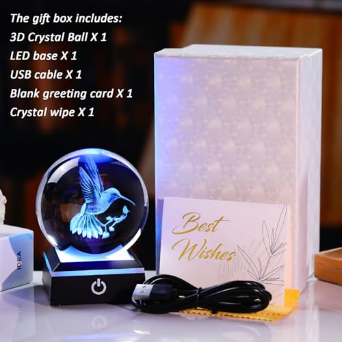 Image of 3D Crystal Ball Hummingbird Gifts for Women Unique Snow Globe Decor for Adults Glass Humming Birds Figurines Xmas Ornament with LED Base Lamp Collectibles Sculpture for Valentines