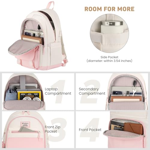 Image of WINDARS School Backpack with Lunch Box for Teen Girls, Cute College Backpacks for Women Students Aesthetic Bookbag Large 15.6 Inch Laptop Bag Middle School Travel Back Pack (Pink Beige-3 Pcs)