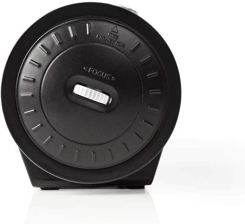 Taobh view of Nedis CLAR005BK Projection Alarm Clock Radio showing the time projector lens and focus wheel.