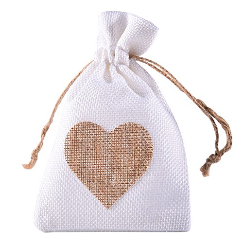 Gorgebuy - 12 bolsas de lino de corazón para joyas, bolsa de regalo con cordón corredizo, bolsa de yute, color blanco