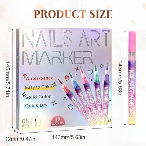 Seivble 12 Colors Nail Art Pens Set, 2025 New Nail Art Markers Polish Pen for 3D Nail Art, Nail Art Tools for Dotting Drawing Painting Point Liner DIY (1 set)