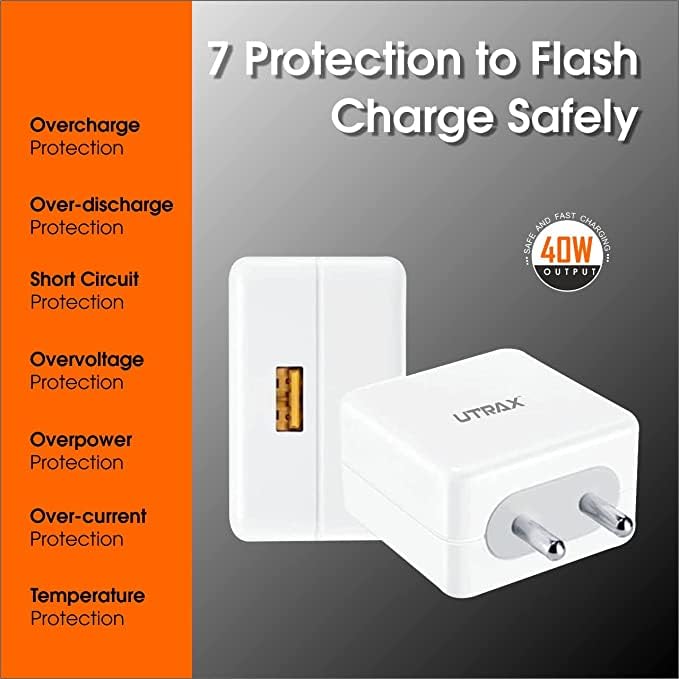 Image of Utrax 65W VOOC Dash Warp Wall Charger with Type C Cable | Supports VOOC, Dash, Warp Charge | USB-A Output | Compatible with OnePlus, Oppo, Realme, Samsung & All Fast Charge Devices (White)