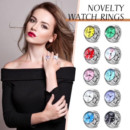 landical 10 pcs finger watches ring for women men adjustable clock rings bulk creative elastic round quartz finger ring watches