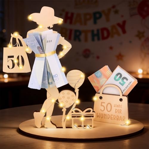 Anruzon Geldgeschenke Geburtstag 50 Geburtstag Frau mit LED Lichterkette Ständer Holz-Schild Gästebuch 50.Geburtstag Frau Deko Personalisierbares Geschenk Hochzeit Tischdeko Jubiläum