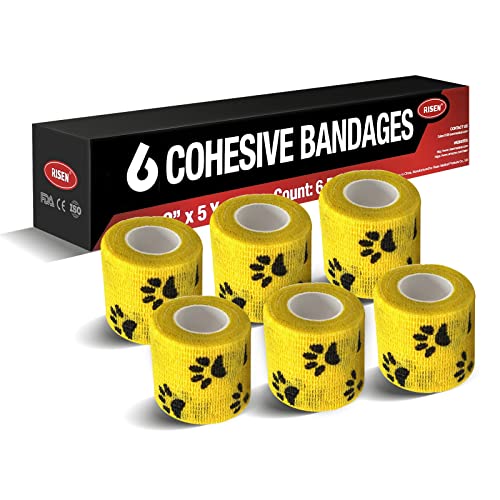 Risen Self Adhesive Bandage Wrap 6 Pack,2”x 5 Yards Medical Tape for Christmas Gifts,Gauze Rolls First Aid Vet Wrap Adherent Bandages for Sports,Dogs(Yellow Paw) - Thumbnail 2