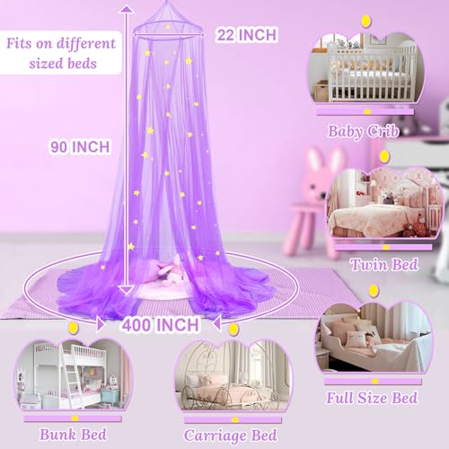 South to East Bed Canopy with Fluorescent Stars Glow in Dark for Kids, Girls Or Adults, Mosquito Net Use to Cover Baby Crib, Kid Bed, Girls Bed Or Full & Queen Size Bed, Purple Stars by South to East - Image 4