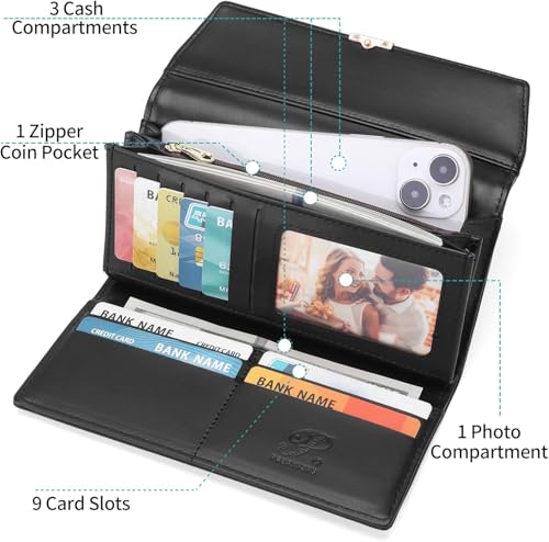 Image of aurrako Wallets for Women Leather Credit Card Holder RFID Trifold Ladies Wallets Coins Zipper Pocket with ID Window Large Capacity (Black)