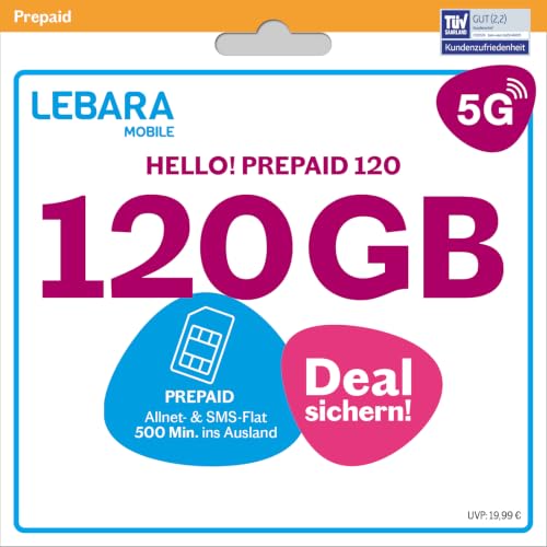 LEBARA Prepaid SIM-Karte mit Hello! 120 Prepaid Tarif ohne Vertrag | 120 GB Datenvolumen inkl. 5G | Allnet Flat | 500 Minuten ins Ausland