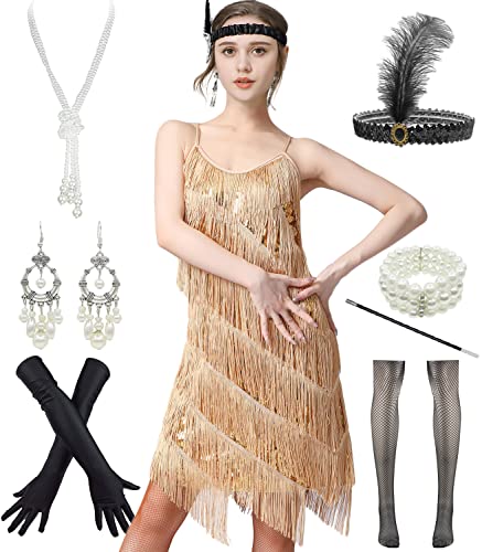 Image of Women 1920s Gatsby Flapper Dress Sexy Open Back Strap Fringed Cocktail Party Dress with 20s Accessories