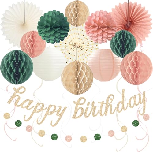 Image of Pink Sage Green Happy Birthday Decorations, Pre-Strung Happy Birthday Banner with Honeycomb Balls, Paper Flowers, Lanterns, Hanging Swirls, Circle Dots Garland for Birthday Party Decorations 24pcs