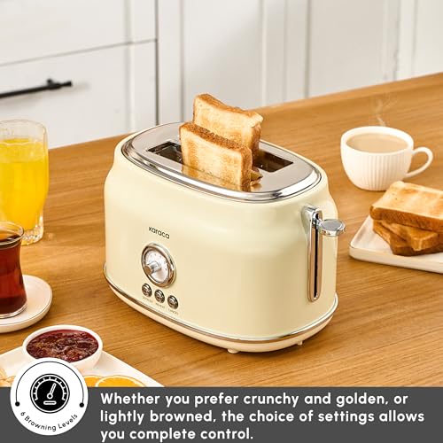 Karaca Retro 2 Slice Toaster Cream, 815w Cream – Stainless Steel Toaster with Adjustable Browning, Defrost, Reheat & Crumb Tray