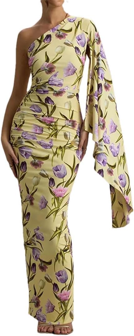 Women's Sexy Off Shoulder Sleeves High Waist Dress Floral Print Commuting Irregular Slim Dress