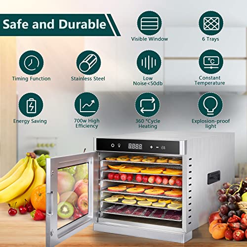 Comkeri Food Dehydrator 6 Trays For Food Jerky, Fruit, Meat, Dog Treats, Herbs, Flower Tea, Vegetables, Durable Food-Grade Stainless Steel Dehydrator Machine With 24H Adjustable Digital Timer & 95ºf-167ºf Temp Control, 110V/700W, Safety Over Heat Protection, 67 Free Recipes #TOP3