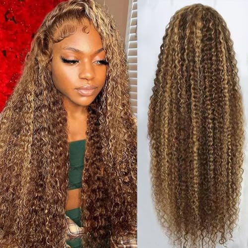 Image of 32inch Highlight Ombre Lace Front Wig Human Hair 13x6 HD Honey Blonde 4 /27 Deep Wave Lace Frontal Wigs Glueless Wigs Human Hair (4 /27 Honey Blonde, 32inch)
