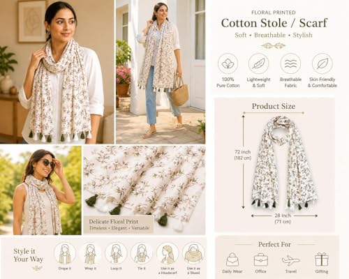 Image of floral printed cotton stoles /scarf /scarves for women, pure soft cotton for summer (Size-28inch x 72inch)