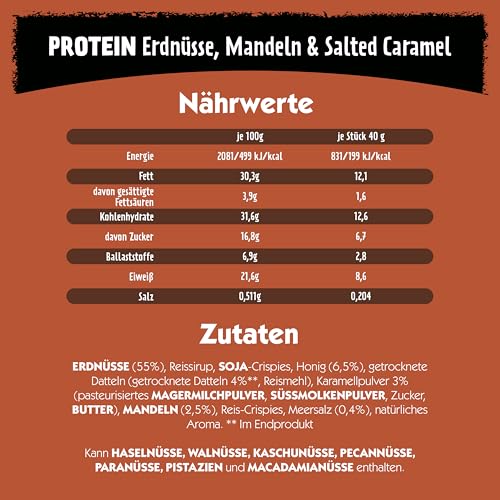 Eat Natural Frucht- & Nussriegel - Protein Erdnüsse, Mandeln & Salzkaramell - Proteinquelle, glutenfreier Snack - Perfekt für unterwegs. - 12x40 g 6
