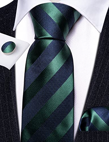 Image of Barry.Wang Man Stripe Ties Set Silk Woven Pocket Square Necktie Cufflinks Formal Party Business