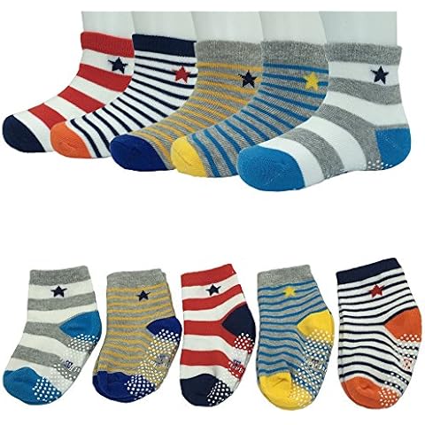 FlyingP Assorted Non Skid Ankle Socks 5 Pairs 8-36 Months Baby Walker Boys Toddler Anti Slip Knit Stripes Star Grips Socks Cover