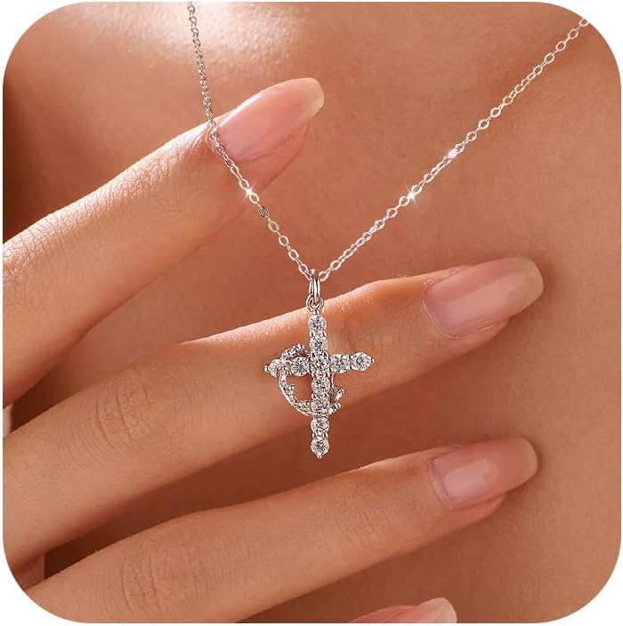 925 Sterling Silver Cross with Crown Necklace for Women 14K Gold Plated Cubic Zirconia Crucifix Pendant Necklaces Adjustable Choker Necklace Baptism Religious Christian Faith Jewelry Easter Gifts