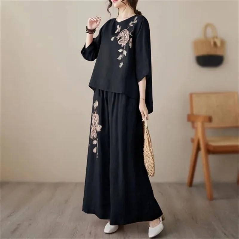 Women Linen Embroidered Pullover Two Piece Set Wide Leg Pants Casual Outfit