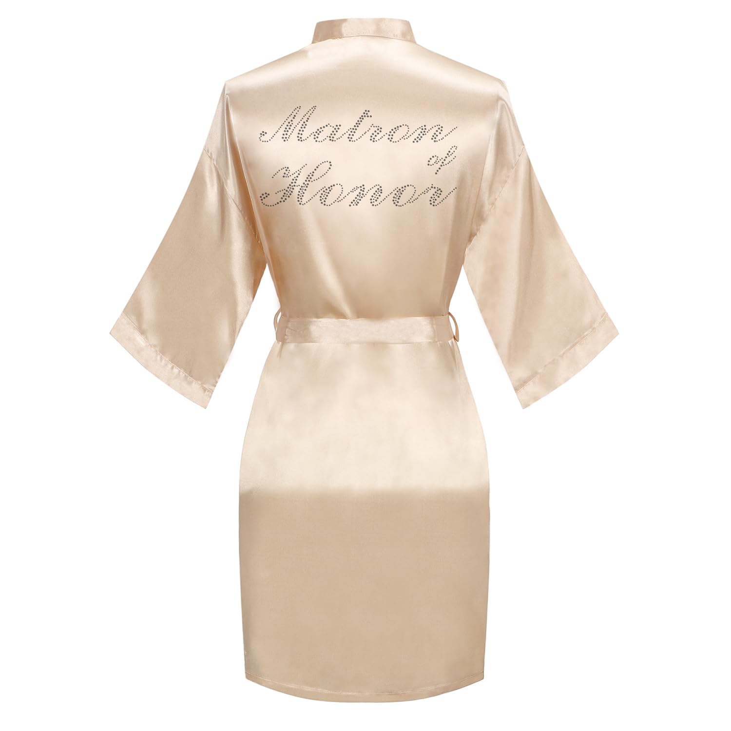 Women's Satin Robe Bride Bridesmaid Short Kimono Robes with Silver Rhinestones for Wedding Party Getting Ready