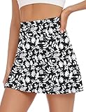 LOMON Woman Mini Tennis Skort with Pockets Shorts Underneath High Rise Stretchy Quick Dry Skirt for Workout Athletic Golf Casual Outfits (Black Floral, S)