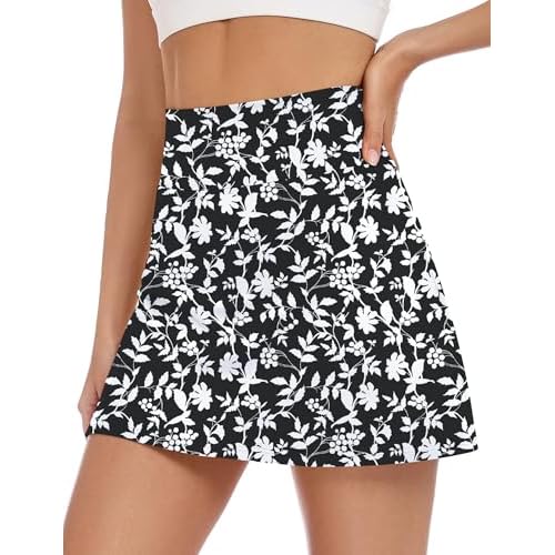 LOMON Womens Skort Mini Tennis Skirt with Pockets Shorts Golf Athletic Skirts High Waisted Stretchy Skorts Casual Workout Black White Floral Large