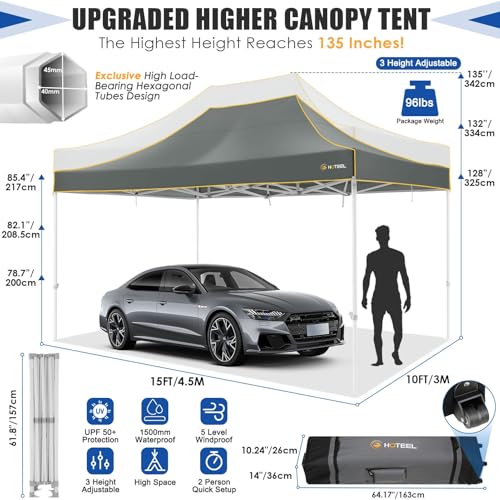 Image of HOTEEL 10x15 Heavy Duty Pop Up Canopy Tent for Parties Event Wedding Commercial Canopy Instant Portable Folding Tent with Roller Bag, Waterproof UV Resistant, Upgraded Thick Hexagonal Legs, Gray