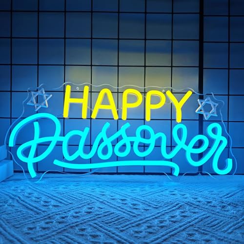Image of Happy Passover Neon Sign Passover Decorations Led Sign Dimmable Pesach Neon Lights Pesaj Seder Neon Wall Decor for Jewish Holiday Party Home Table Decor