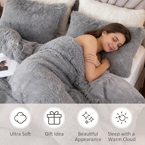 Image of EMME Plush Shaggy Grey Duvet Cover Set Twin Size 2 Pieces Luxury Fuzzy Comforter Cover Set, Soft Faux Fur Fluffy Winter Bedding Set (Grey, Twin)
